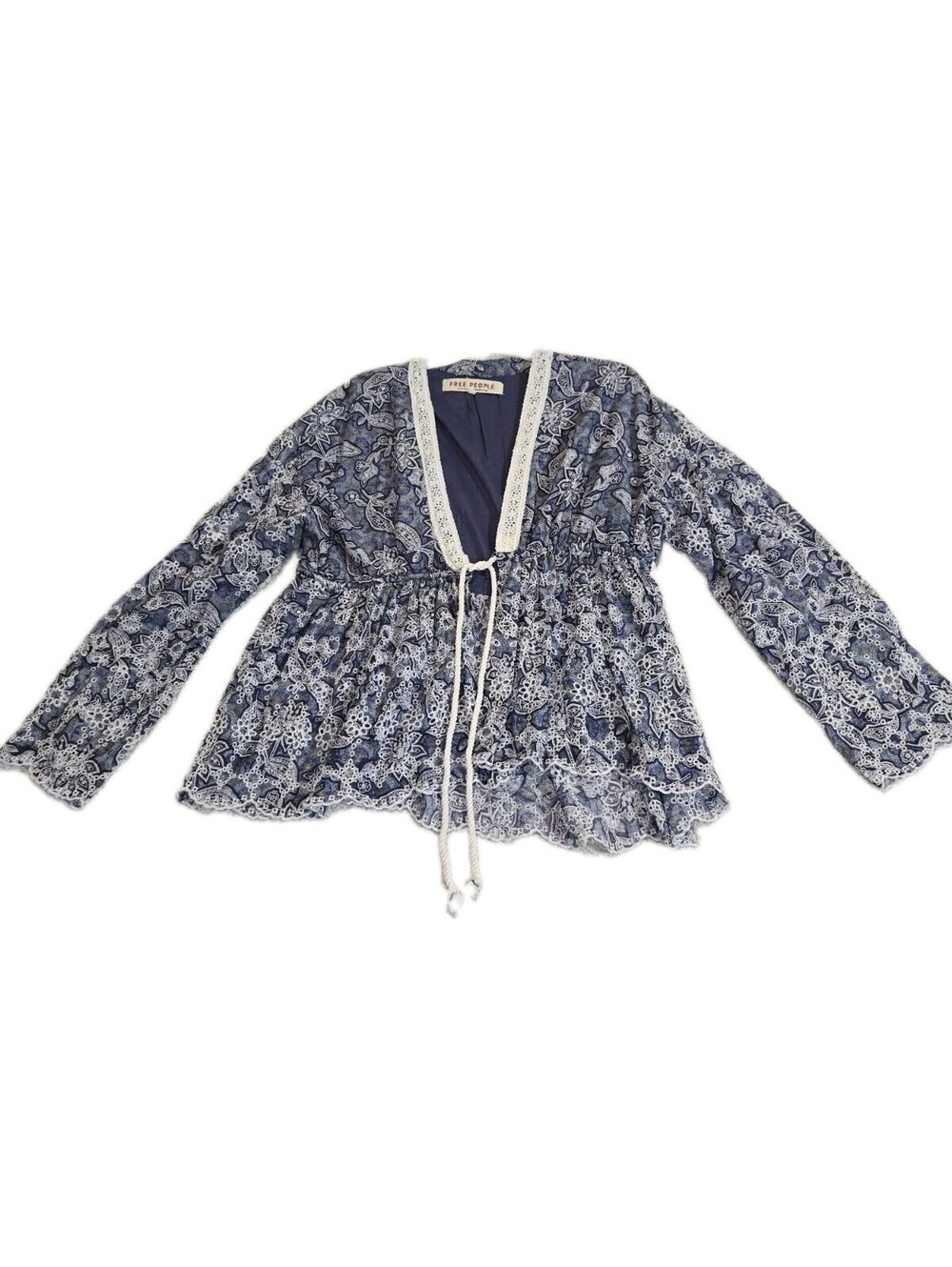 Free People Anissa Bed Jacket Blue Combo soft eyelet lace tie front Boho Cottage